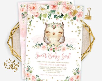 Editable Owl Baby Shower Invitation, Blush Pink Floral Owl Baby Girl Invite, Watercolor Owl Printable Template, Pink Gold Download, OWL1