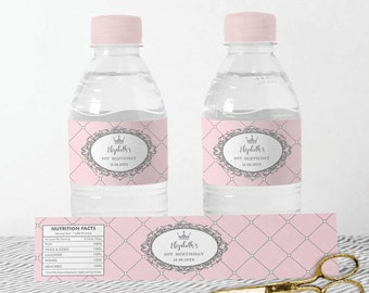 Pink Silver Princess Water Bottle Label, Crown Princess Birthday Favors, Royal Baby Girl Shower EDITABLE TEMPLATE, PG3