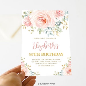 Blozen roze bloemen verjaardagsuitnodiging. Volwassen vrouwen partij afdrukbare uitnodigen alle leeftijden. Zachte Boho Rozen BEWERKBARE SJABLOON. FLO28