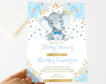 Boy Elephant Baby Shower Invitation, Blue Gold Floral Elephant Printable Invite, Little Peanut EDITABLE TEMPLATE, Wild Animal Download, EL6