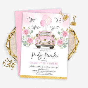 EDITABLE Drive By Birthday Party Parade Invitation. Pink Floral Car Drive Thru Birthday Invitation Template. Quarantine Printable. DB1 image 1