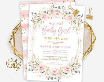 Pretty Blush Gold Pink Floral Baby Shower Invitation, Baby Girl Watercolor Pink Roses Printable Invite, Boho Chic EDITABLE TEMPLATE FLO40