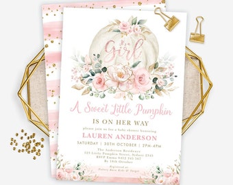 Pumpkin Baby Shower Invite, Blush Floral Baby Shower Invitation, Rose Gold Flowers Fall Baby Shower Editable Template, Instant Download PUM5