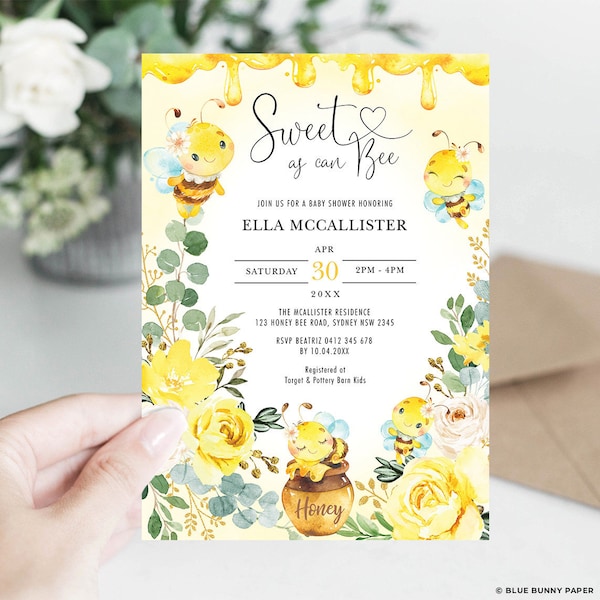 Honey Bee Baby Shower Invitation Template, Bumblebee Printable Invite, Yellow Flower Roses Editable Invitation, Instant Download, BEE1
