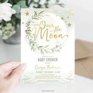 Over the Moon Baby Shower Invitation Twinkle Twinkle Little Star Printable Invite Dreamy Greenery Gold EDITABLE TEMPLATE Download. MOON9 image 1