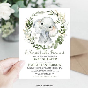 Greenery Elephant Baby Shower Invitation, Elegant Green Gold Jungle Little Peanut Printable Invite, Gender Neutral EDITABLE TEMPLATE, GR5