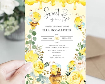 Honey Bee Baby Shower Invitation Template, Bumblebee Printable Invite, Yellow Flower Roses Editable Invitation, Instant Download, BEE1