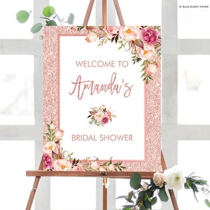 Signo de bienvenida floral de oro rosa. Decoraciones de despedida de soltera con flores Glam Blush. Signo de boda brillante. PLANTILLA EDITABLE DE Niña Bebé. FLO30
