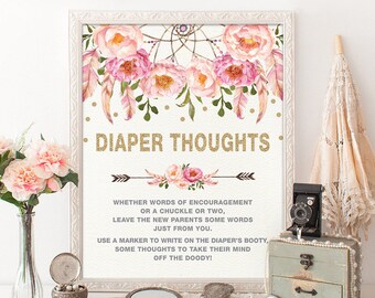 Pink and Gold Floral DIAPER THOUGHTS Game. Boho Flowers Baby Shower Game. Dreamcatcher. Write on Diaper Game. Words for Wee Hours. FLO12A