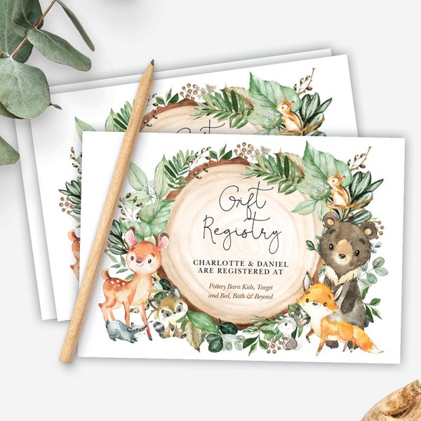 Editable Woodland Registry Insert Card Template, Greenery Forest Animals Baby Shower Gift Registry Enclosure Card INSTANT DOWNLOAD, WOOD27