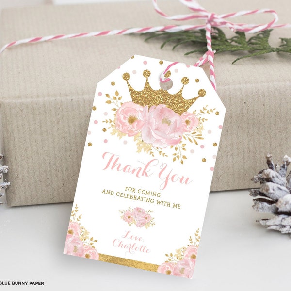 Crown Princess Birthday Favor Tags. Royal Baby Shower Thank You Tags. Blush Pink Gold Flowers EDITABLE TEMPLATE Printable Download. FLO18I