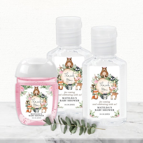 Girl Woodland Hand Sanitizer Label Template, Forest Animals Baby Shower Favors, Pink Floral Wild One 1st Birthday Editable Template, WOOD25