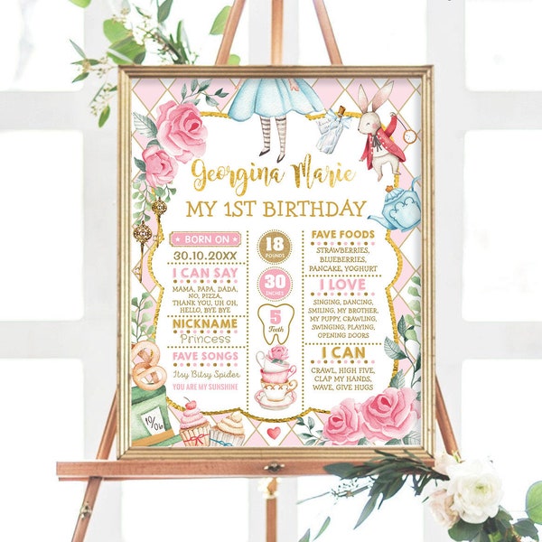 Alice in Wonderland Birthday Milestone Poster, Alice in Onederland Chalkboard Sign, Pink Floral Mad Tea Party EDITABLE TEMPLATE, AL1