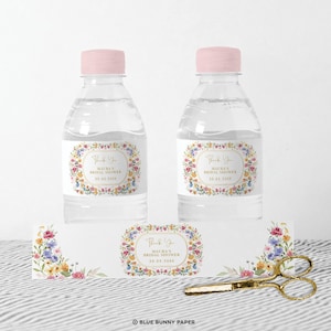 Étiquette de bouteille d'eau de fleur colorée, faveurs de douche nuptiale de jardin de fleurs sauvages, modèle modifiable d'anniversaire de douche de bébé floral de printemps, FLO2