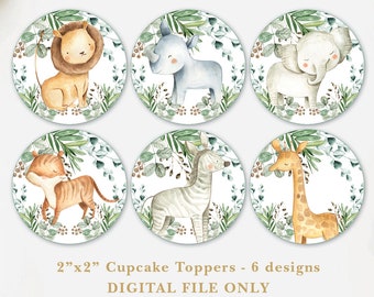 Greenery Safari Animals Cupcake Toppers. Jungle Baby Shower Decorations. Wild One Birthday Printable Party Favors INSTANT DOWNLOAD. JUN12