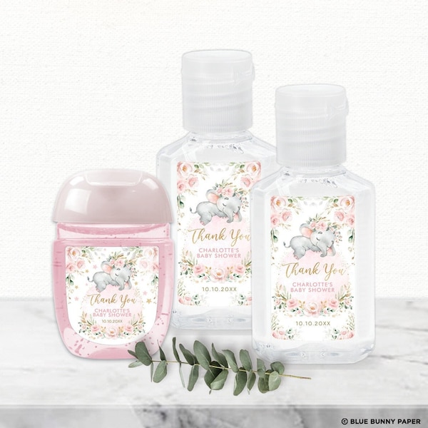 Plantilla de etiqueta de desinfectante de manos Blush Elephant, favores de baby shower floral rosa, descarga editable de Twinkle Little Star 1er cumpleaños, EL17