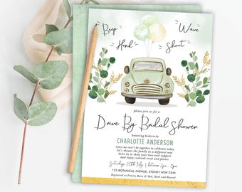 Greenery Gold Drive By Bridal Shower Invitation. Drive Through Wedding Shower Printable. Quarantine Party Parade Download. DB1