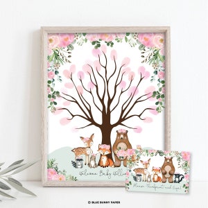 EDITABLE Girl Woodland Thumbprint Guestbook, Pink Floral Forest Animals Fingerprint Tree Printable, Welcome Baby Sign Download, WOOD25