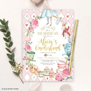 Alice in Wonderland Invitation Template, Editable Onederland Girl 1st Birthday Invite, Mad Tea Party Printable, First Birthday Download, AL1