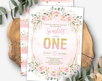 Floral Girl 1st Birthday Invitation, Pink Blush Gold Flower First Birthday Invite, Boho Princess Party Printable EDITABLE TEMPLATE, FLO40