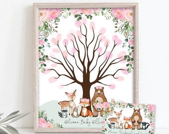 EDITABLE Girl Woodland Thumbprint Guestbook, Pink Floral Forest Animals Fingerprint Tree Printable, Welcome Baby Sign Download, WOOD25