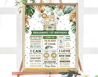 Tropical Safari 1st Birthday Milestone Poster, Jungle Animals Wild One First Birthday Chalkboard Sign EDITABLE TEMPLATE. SAF3