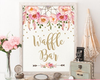 Waffle Bar Bridal Shower Sign Hens Party Decor Boho Pink and Gold Glitter Printable FLO12A