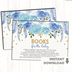 Blauwe bloemenboeken voor baby-insteekkaart. Boy Boho Baby Shower Uitnodiging Breng een boek mee in plaats van een kaart. Dromenvanger Veren Bloemen FLO12C
