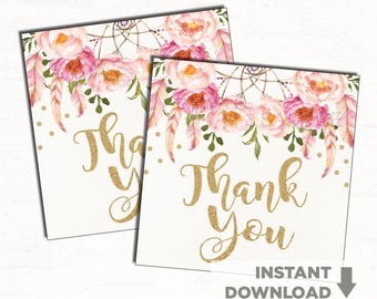 Bohemian Floral Shower Favor Tags. Watercolor Floral 1st Birthday Party Thank You Tags. Boho Pink Gold Decorations Baby Shower Favors FLO12A