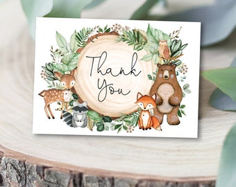 Tarjeta de agradecimiento plegada Woodland. Imprimible para Baby Shower de animales del bosque verde. Favores de cumpleaños del bosque botánico. Descarga instantánea. MADERA24