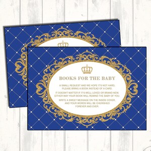 Koningsblauw en goud BOEK VERZOEK afdrukbare kaart. Neem een insteekkaart voor een boekenkaart-uitnodiging mee. Prins babyshower. Glitter koninklijke kroon. RBG1
