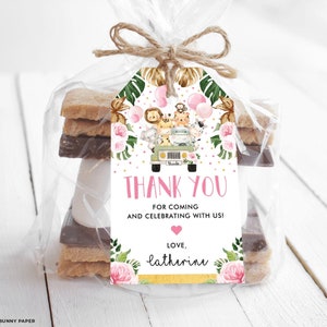 Editable Girl Jungle Favor Tag Template, Pink Floral Safari Animals Drive By Baby Shower, Wild One Birthday Thank You Tag Download, SAF2