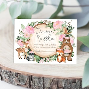 Pink Floral Woodland Diaper Raffle Printable. Greenery Forest Animals Baby Shower. Deer Fox Bear Owl INSTANT DOWNLOAD. WOOD25