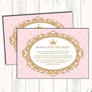 Koninklijke prinses roze en gouden boek aanvraag afdrukbare kaart. Neem een insteekkaart voor een boekenkaart-uitnodiging mee. Prinses babyshower. Glitterkroon. PG2