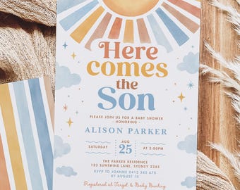 Here Comes The Son: Boho Sun Boy Baby Shower Invitation Template Digital Download, SN4