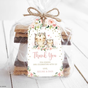 Plantilla de etiqueta de favor de búho EDITABLE, etiqueta de regalo de baby shower floral rosa rubor, etiqueta de agradecimiento de búho del bosque bebé niña favorece descarga instantánea OWL1
