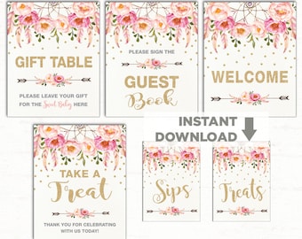 Boho Floral Baby Shower Table Signs. 6 Printable Signs. Gift Table Favors Sign. Pink Gold Dreamcatcher Decorations. Welcome Guestbook FLO12A