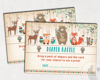 TRIBAL DIAPER Raffle. Tribal Woodland Animal Baby Shower Invitation Insert Card. Rustic Baby Shower. Boho Printable. Forest. Pow Wow. TRI2