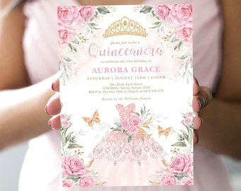 Pink Floral Butterflies Quinceañera Invitation Template, Princess Dress Mis Quince 15 Anos Birthday, EDITABLE Invite Instant Download, FLO10