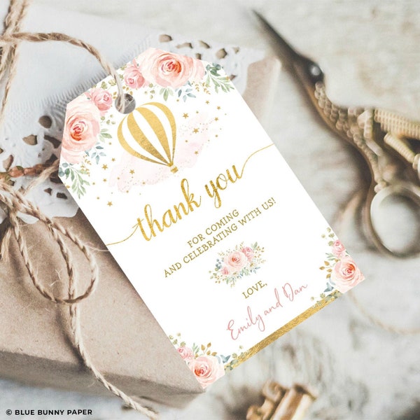 Editable Hot Air Balloon Favor Tag Template, Pink and Gold Floral Baby Shower Thank You Tag, Up and Away Birthday Gift Tag Download, HAB5