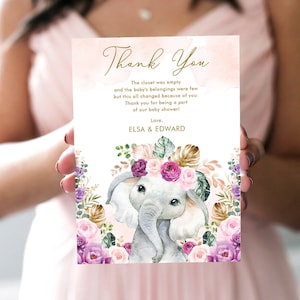 DIY Elephant Baby Shower EDITABLE Thank You Card. Blush Purple Flowers. Girl Jungle Safari Printable Template Download. EL13