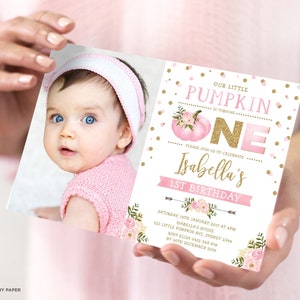 EDITABLE Pumpkin 1st Birthday Invitation. Pink Gold Floral Girl First Birthday Party Invite Printable Template Download. FLO18B