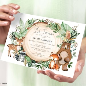 Woodland Twins Baby Shower Invitation Template. Twin Boys Greenery Forest Animals Printable Invite. Gender Neutral EDITABLE TEMPLATE. WOOD24