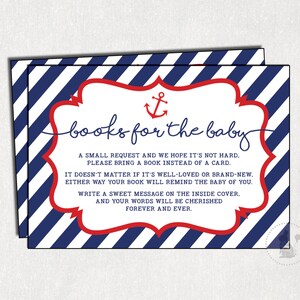 Nautical BOOK REQUEST Printable Card. Anchor Bring a Book Instead of a Card Invitation Insert. Navy Baby Book Card. Navy and Red. NAU1