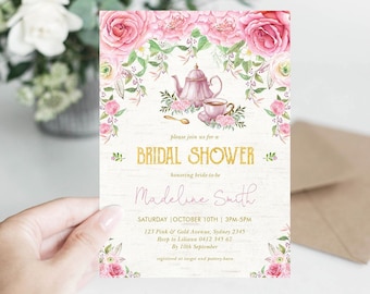 Editable Bridal Shower Tea Invitation. Pink Floral Wedding Shower Tea Party Printable Invite. Kitchen Tea Instant Download Template. RO5