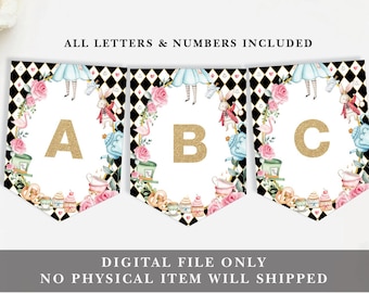 Alice in Wonderland Printable Banner, Onederland Happy Birthday Decorations A-Z Alphabet Bunting, Mad Hatter Tea Party Instant Download, AL1