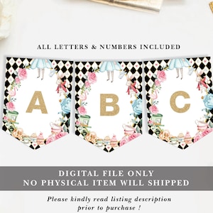 Alice in Wonderland Printable Banner, Onederland Happy Birthday Decorations A-Z Alphabet Bunting, Mad Hatter Tea Party Instant Download, AL1
