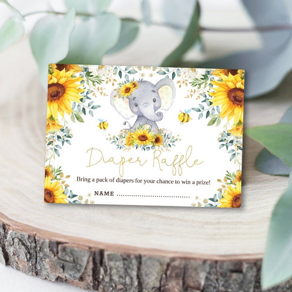 Pretty Sunflower Elephant Diaper Raffle. Summer Watercolor Yellow Floral Safari Baby Shower Printable Card. Jungle INSTANT DOWNLOAD. SUN5