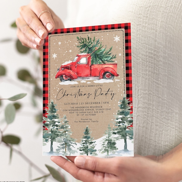 Christmas Party Invitation Template, Rustic Red Truck Holiday Party Invite, Winter Printable Snowflakes Pine Trees EDITABLE TEMPLATE, WINT4