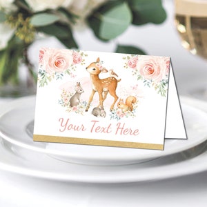 BEWERKBARE Floral herten plaatskaarten. Roze gouden bos bos dieren voedsel tent etiketten. Babyshower. Decoraties voor 1e verjaardag. HOUT16